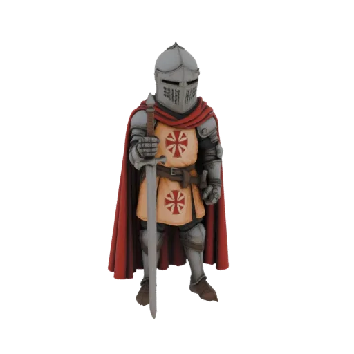 3D model of a Knight Templar in full armor, holding a sword, with a red cape and cross emblem.
