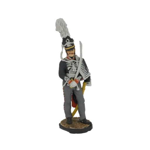 3D model of a French Hussar soldier in uniform, holding a sword and wearing a tall plumed helmet, on a textured base.