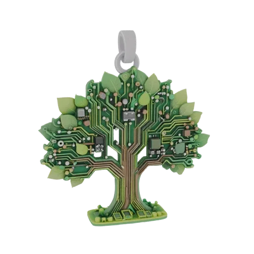 3D model of a tree pendant with circuit board elements and microchips, charm