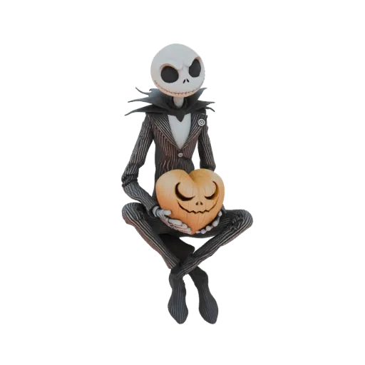 3D model of Jack Skellington from The Nightmare Before Christmas, seated and holding a heart-shaped pumpkin with a carved fac