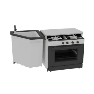 Modello 3D di una moderna unità cucina bianca e nera con lavello a sinistra e fornelli a destra.