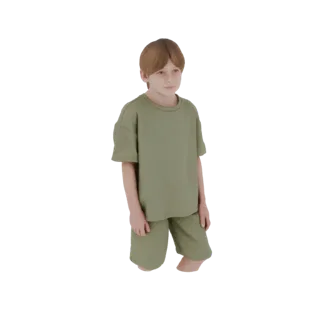 Modellino 3D di un giovane ragazzo con capelli castano chiari, che indossa una maglietta verde e pantaloncini, in piedi e gua