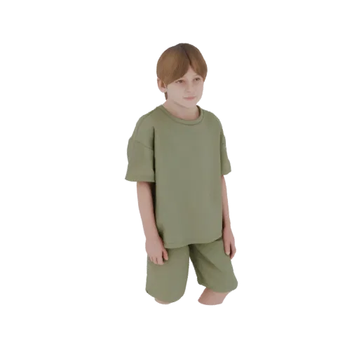 Modellino 3D di un giovane ragazzo con capelli castano chiari, che indossa una maglietta verde e pantaloncini, in piedi e gua