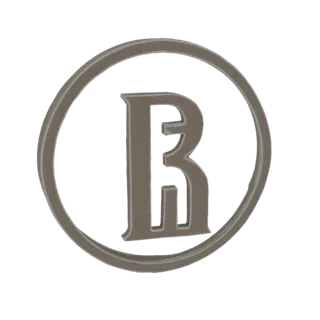 3D render of an embossed letter R monogram within a circular frame, with a metallic or stone texture.