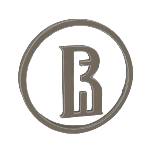 3D render of an embossed letter R monogram within a circular frame, with a metallic or stone texture.