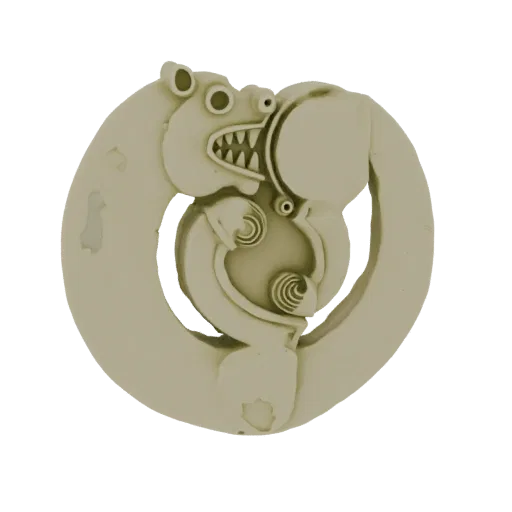3D model render of an ancient beast coiled within a circular pendant, featuring sharp teeth and detailed carvings.