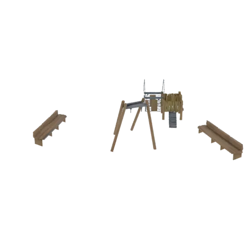 Modello 3D di un parco giochi in legno con scivolo, struttura per arrampicata e due panchine, su sfondo bianco.