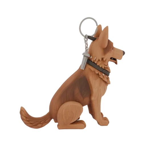3D model of a German Shepherd keychain amulet in wood carving style, sitting in profile.