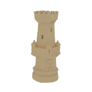 Una renderización 3D de una detallada torre de castillo medieval con almenas y texturas de piedra.