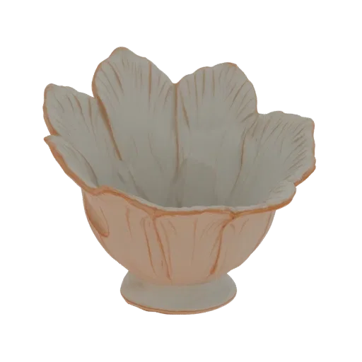 3D model of a delicate peach and white bowl shaped like an opening flower with detailed petal textures.