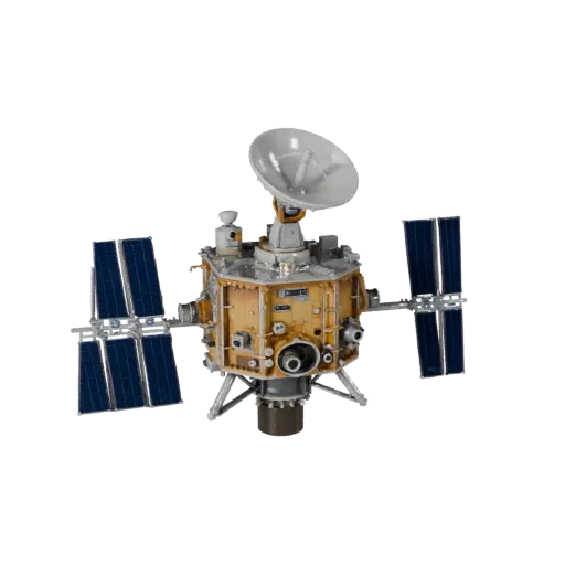 Research Space Probe High Poly 3D model, close-up studio render, showing solar panels, spacecraft silhouette.