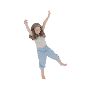 3D model of a young girl with long brown hair, wearing a striped top and blue capri jeans, with arms raised joyfully in the a