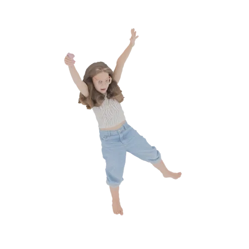 3D model of a young girl with long brown hair, wearing a striped top and blue capri jeans, with arms raised joyfully in the a
