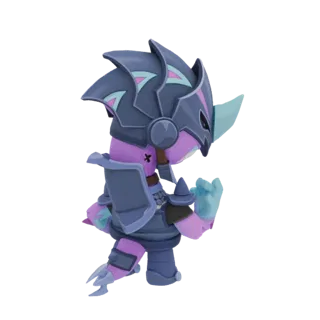3D-Modell eines Chibi-Krieger-Charakters mit violetter Haut, dunkelgrauer Stachelpanzerung und einem Hornhelm mit blauen und