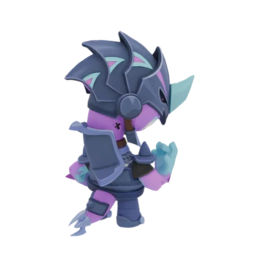Modello 3D di un personaggio guerriero chibi con pelle viola, armatura borchiata grigio scuro e un elmo cornuto con accenti b