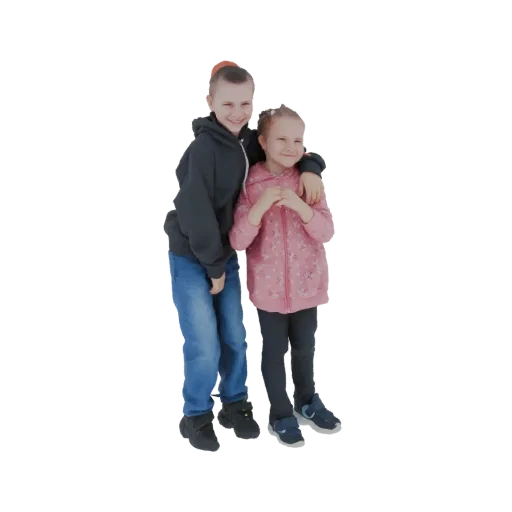 3D model of a smiling brother with his arm around his younger sister, both hugging and looking forward.