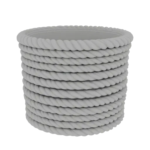 3D model of a cylindrical planter pot with a detailed braided rope texture, shown in a neutral gray material.