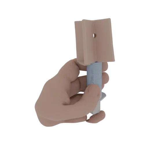3D render of a hand holding a medical syringe with a beige holder, showing clear volumetric markings.