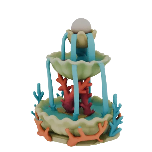 3D model of a whimsical ocean pearl fountain with shell tiers, coral, and cascading water, set against a black background.