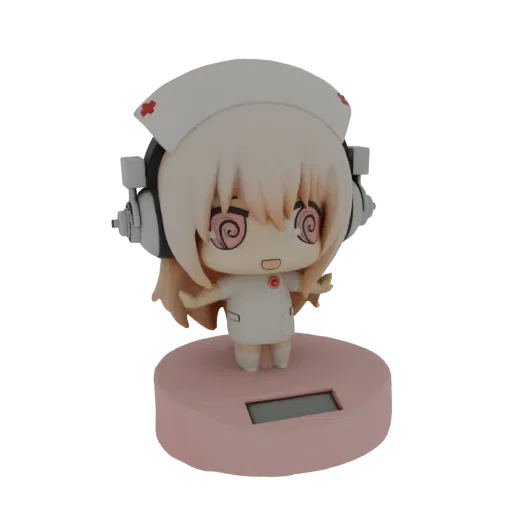 3D model of a cute anime nurse chibi character with a dizzy-eyed expression, wearing a nurse's cap and uniform, standing on a
