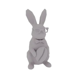 3D-Modell eines grauen Low-Poly-Hasen mit Brille und Fliege, der eine Kaffeebohne hält.