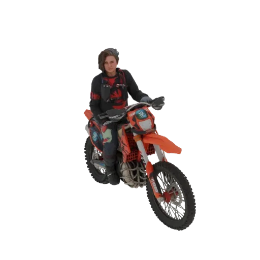 3D model of a female motocross rider in full gear, sitting on an orange dirt bike, with a black background.