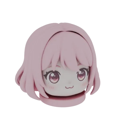 Rendering 3D di testa di ragazza chibi anime con capelli corti rosa, grandi occhi rosa e guance arrossate.