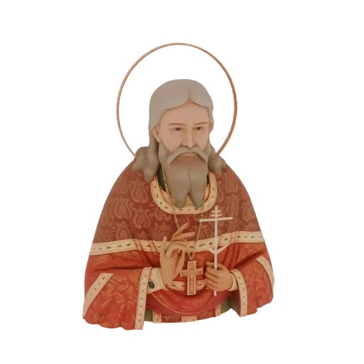 3D model of an Orthodox priest with a grey beard, wearing red vestments, a halo, and holding a cross.