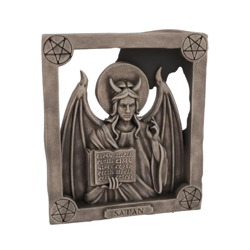 3D model of a Satanic angelic figure with wings and horns, holding a book, within a pentagram-adorned frame, labeled 'SATAN'.