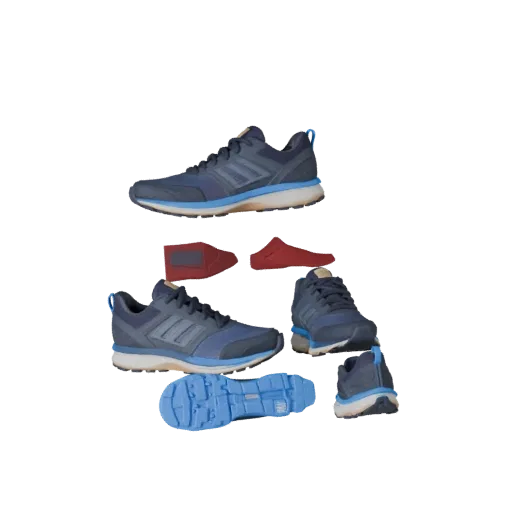 Modelo 3D Tênis Esportivo de Corrida, vista frontal em três quartos, renderização de estúdio com visualizador AR, mostrando c