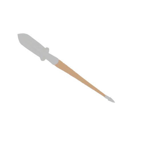 3D model render of a spear with a silver metal head and a light brown wooden shaft, angled diagonally.