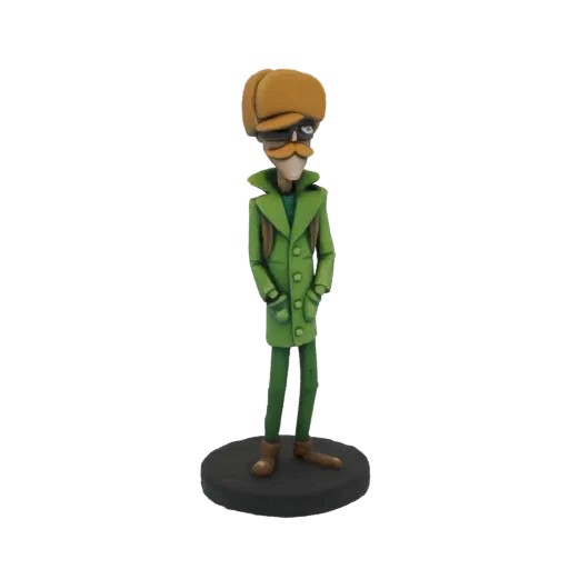 Modèle 3D d'un personnage détective stylisé portant un trench-coat vert, un chapeau marron et des lunettes de soleil, avec un