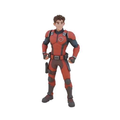 3D model of a superhero in a red suit, standing in a confident pose with a smile.