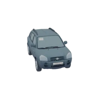 Un modello 3D di un SUV Hyundai Tucson grigio, visto da un'angolazione anteriore destra leggermente elevata, su uno sfondo bi