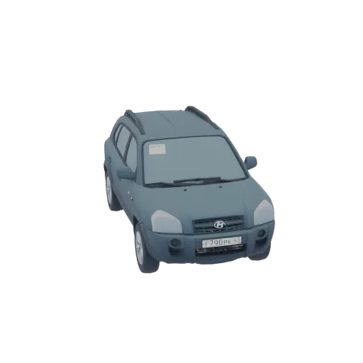 Un modèle 3D d'un SUV Hyundai Tucson gris, vu sous un angle avant-droit légèrement élevé, sur fond blanc.