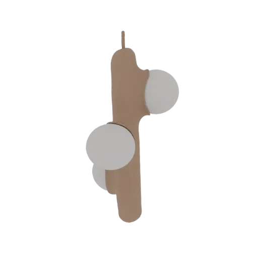 3D render of a modern abstract lamp shaped like a taupe-colored branch with two white spherical light elements.