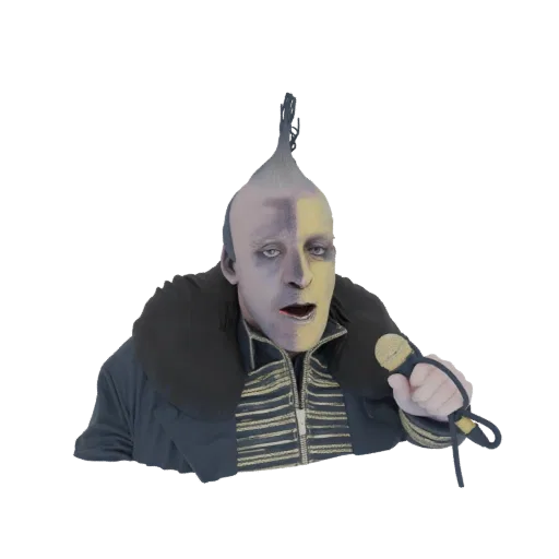 3D model of a gothic performer with a tall, spiked hairstyle, dramatic face paint, and a microphone, wearing an ornate jacket