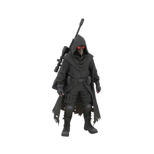 3D model of a Steampunk Plague Doctor Sniper wearing a beak mask and cloak, holding a sniper rifle.