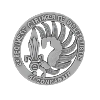 Rendu 3D de l'emblème de la Légion Étrangère Française, un badge circulaire avec une grenade et du texte inscrit.