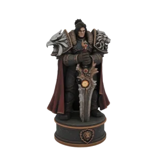 3D model of Arthas Menethil from Warcraft, standing heroically with Frostmourne sword, detailed armor and cape, on a decorati
