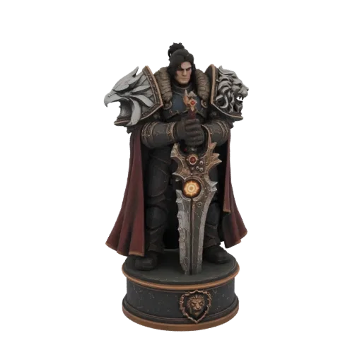 3D model of Arthas Menethil from Warcraft, standing heroically with Frostmourne sword, detailed armor and cape, on a decorati