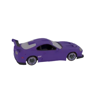 Um modelo 3D de um elegante carro esportivo tuner roxo com um grande spoiler traseiro e rodas personalizadas, sobre um fundo