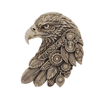 3D model of an ornate eagle head wall plaque with intricate feather and tribal designs, presented against a white background.