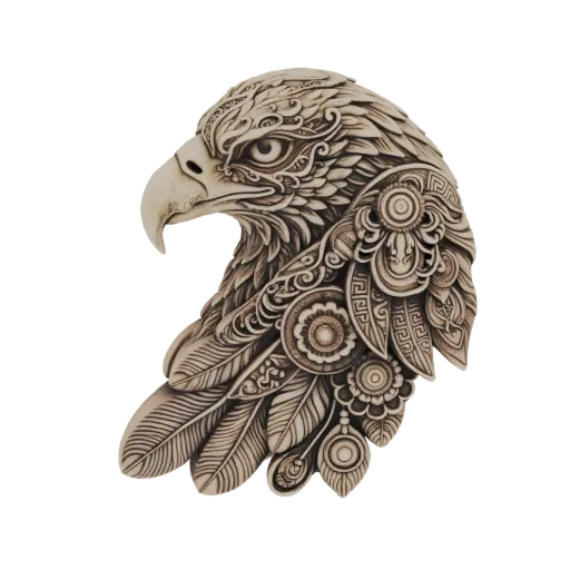 3D model of an ornate eagle head wall plaque with intricate feather and tribal designs, presented against a white background.