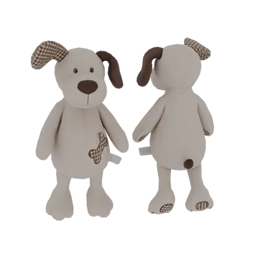 3D model of a light beige plush dog toy with brown plaid ears and a bone patch on its belly, shown from front and back.