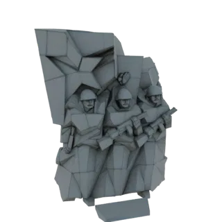 3D-Modell eines Denkmals, das drei vorrückende sowjetische Soldaten mit einem prominenten Stern-Emblem dahinter zeigt.