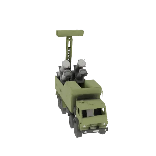 3D model of a green military truck with a radar dish and missile launchers, shown from a three-quarter front angle.