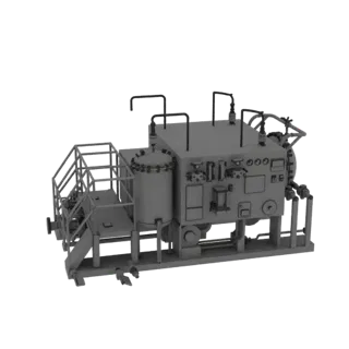 3D-Modell einer grauen, industriellen, Skid-montierten Prozessanlage mit Tanks, Rohren und Bedienfeldern, aus leichtem Winkel