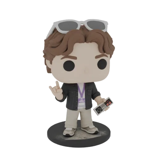 3D model of a Gamer Boy Funko Pop figure holding a retro controller and making a rock-on hand gesture, with sunglasses on its