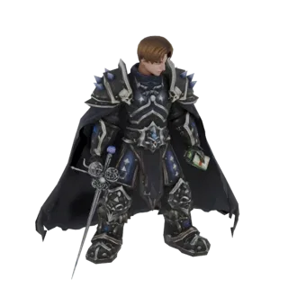 3D model of a Dark Knight Commander in black armor with a cape, holding a sword and a playing card.